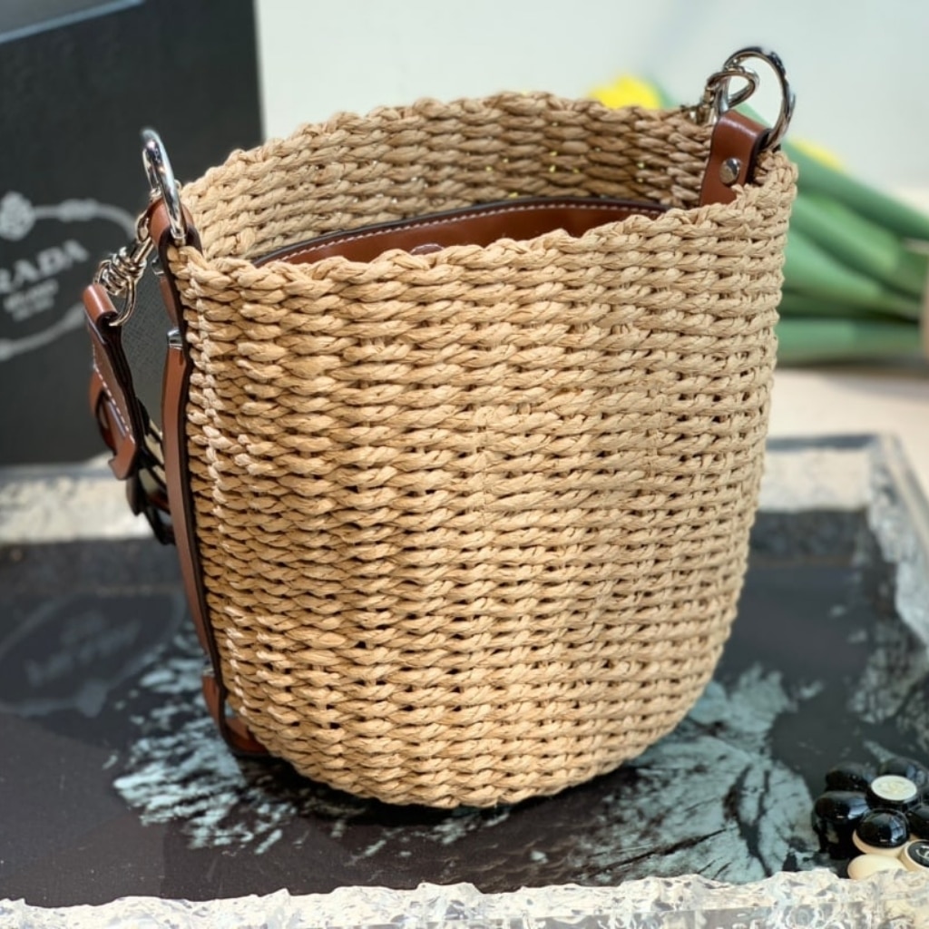 Prada Raffia Woven Bucket Bag Natural 21cm