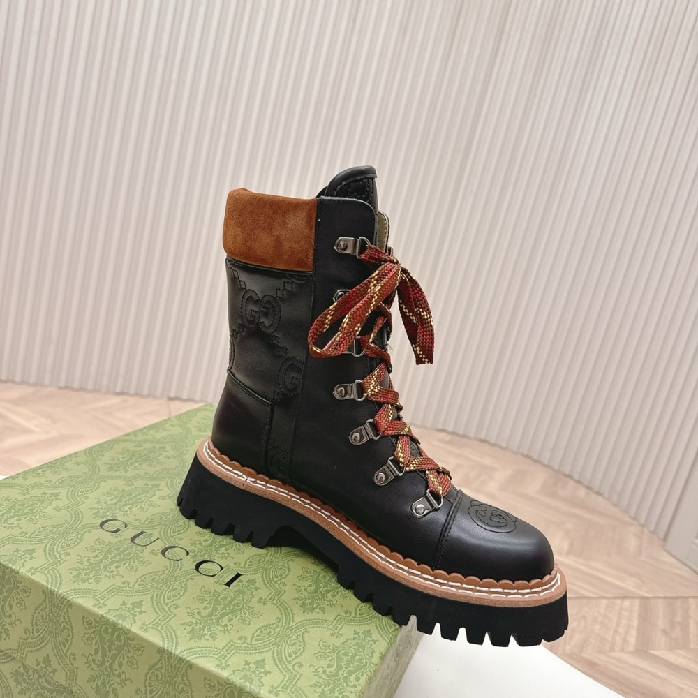 Gucci Women Lace Up Ankle Boot Black And Tan 758284 Aacm1 1046