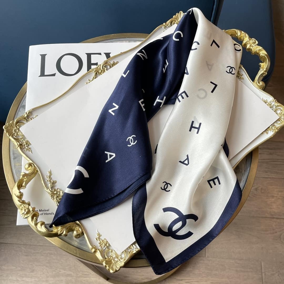 Chanel Multi Letters Square Silk Scarf White Blue