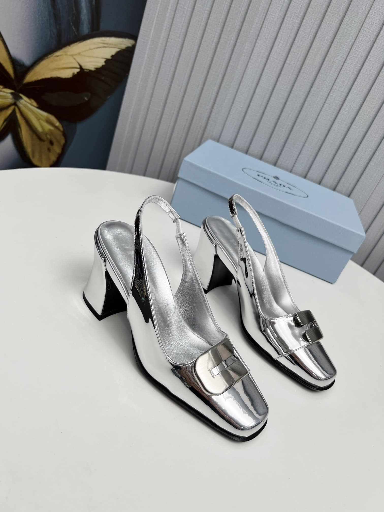Prada Leather Slingback Pumps Silver