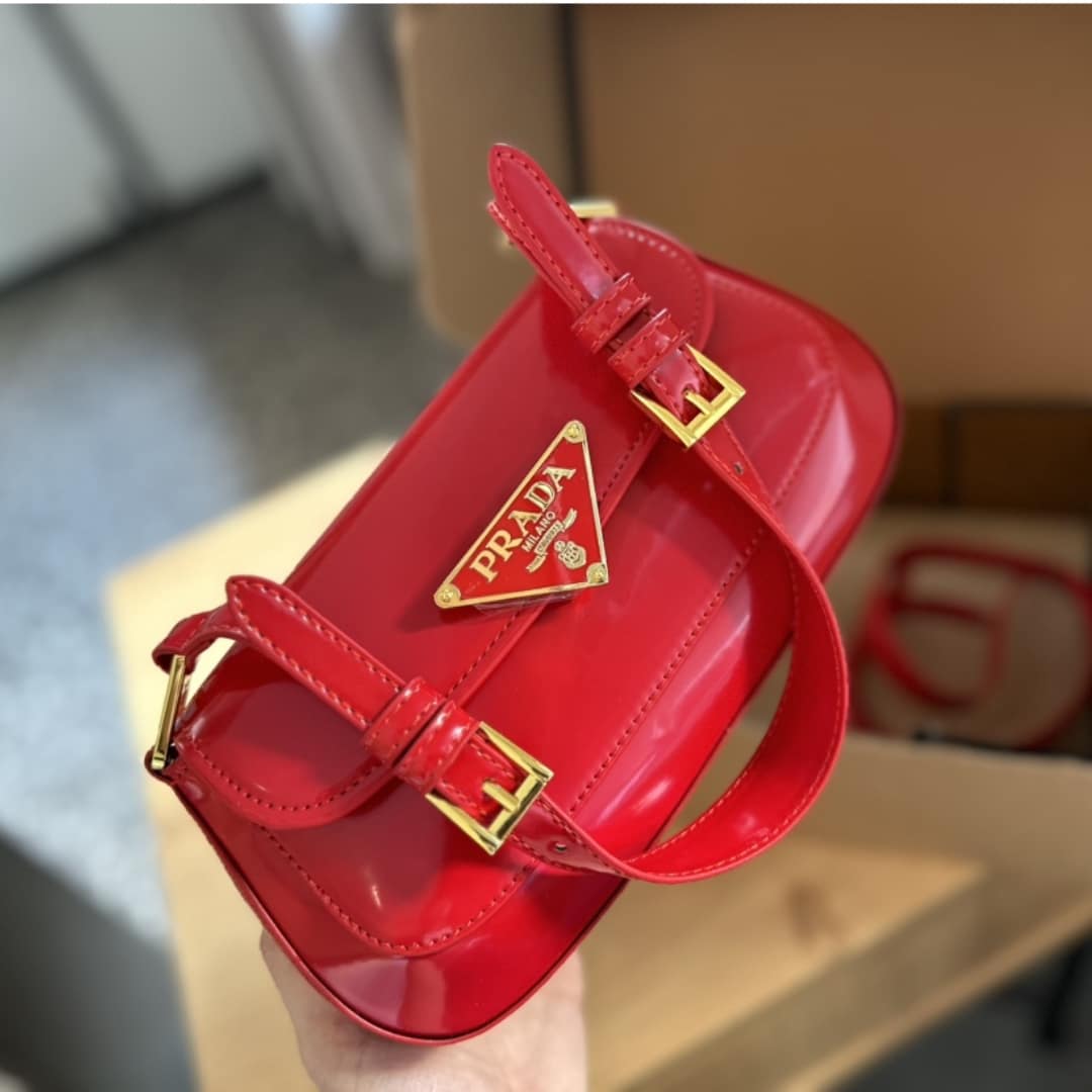 Prada Patent Leather Shoulder Bag In Cherry Red 25Cm