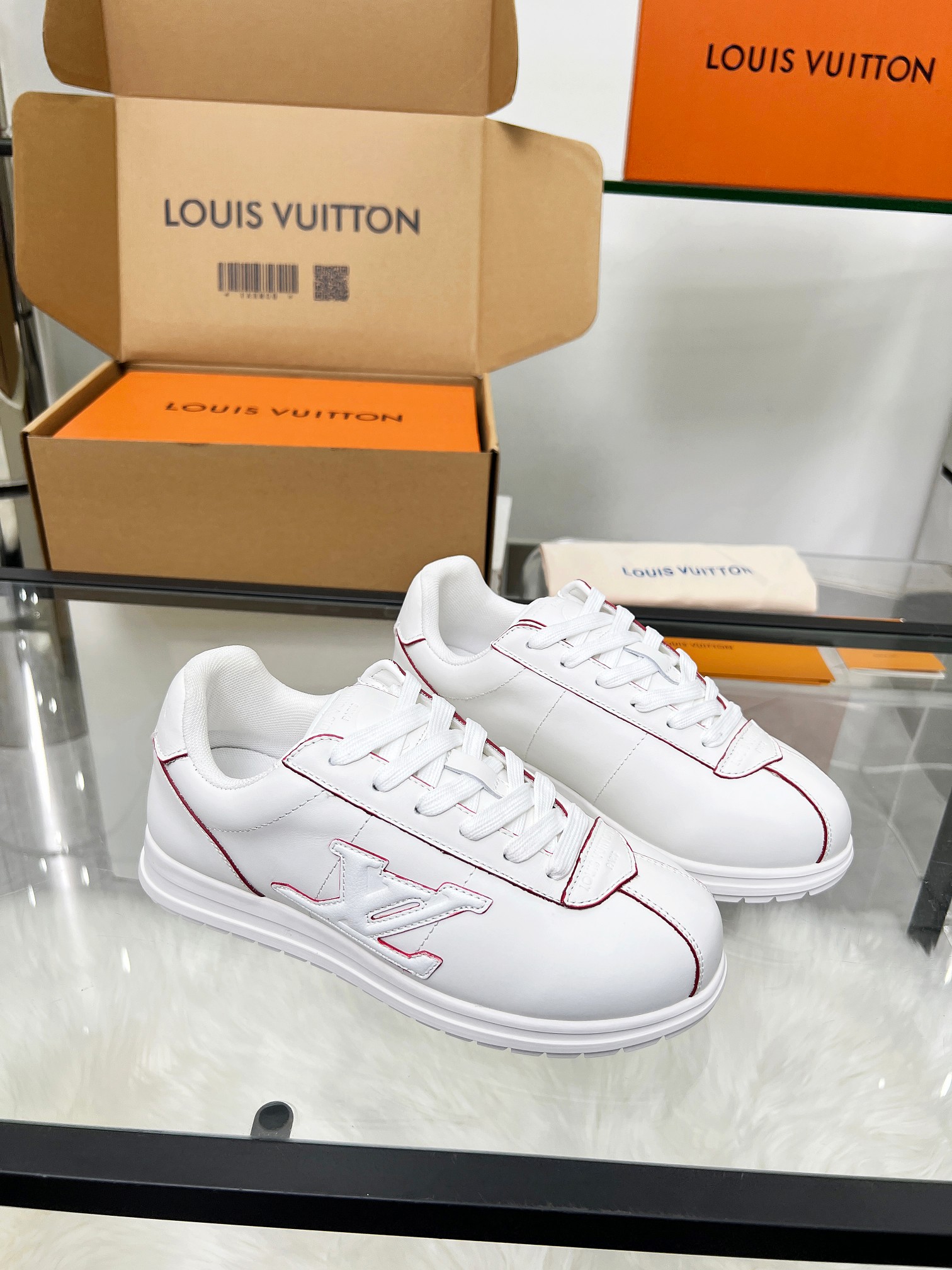 Louis Vuitton LV White Sneakers with Red Stitching – Women’s Shoes