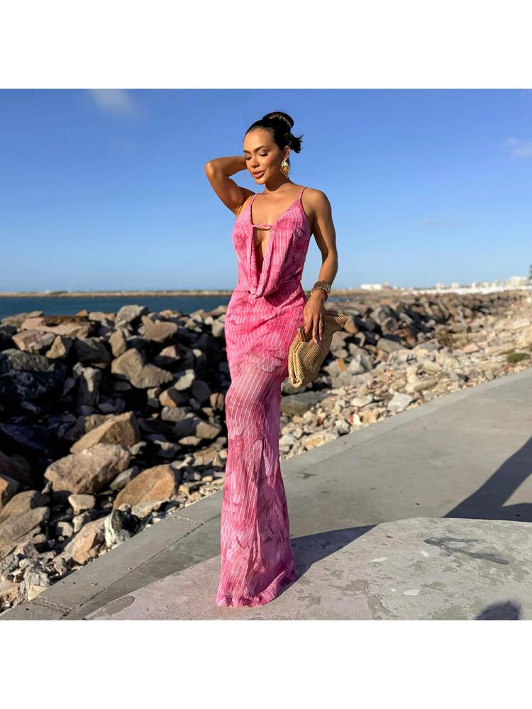 Striped Deep V Neck Backless Ruched Maxi Dress