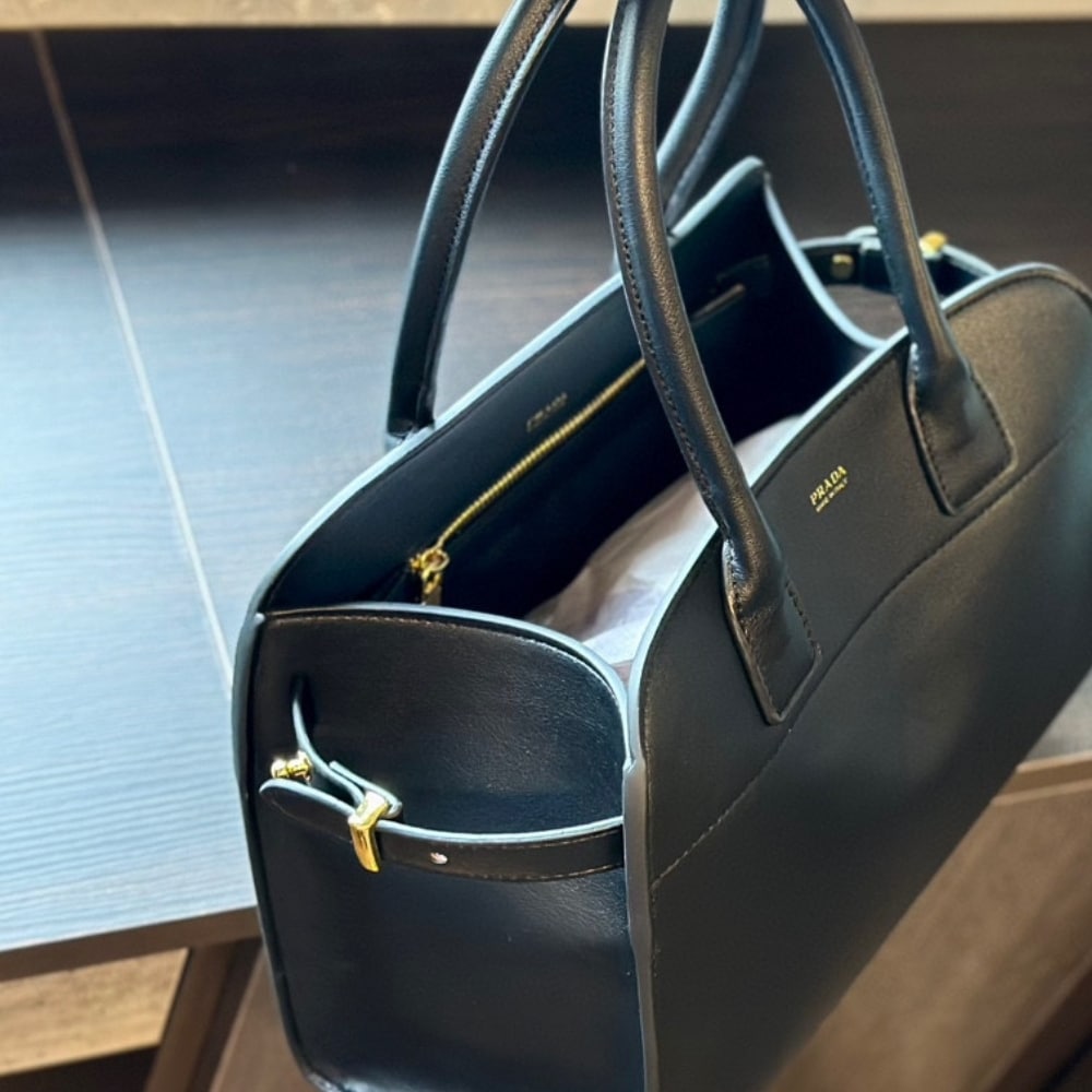 Prada Large Leather Tote Bag With Buckles Black 32Cm