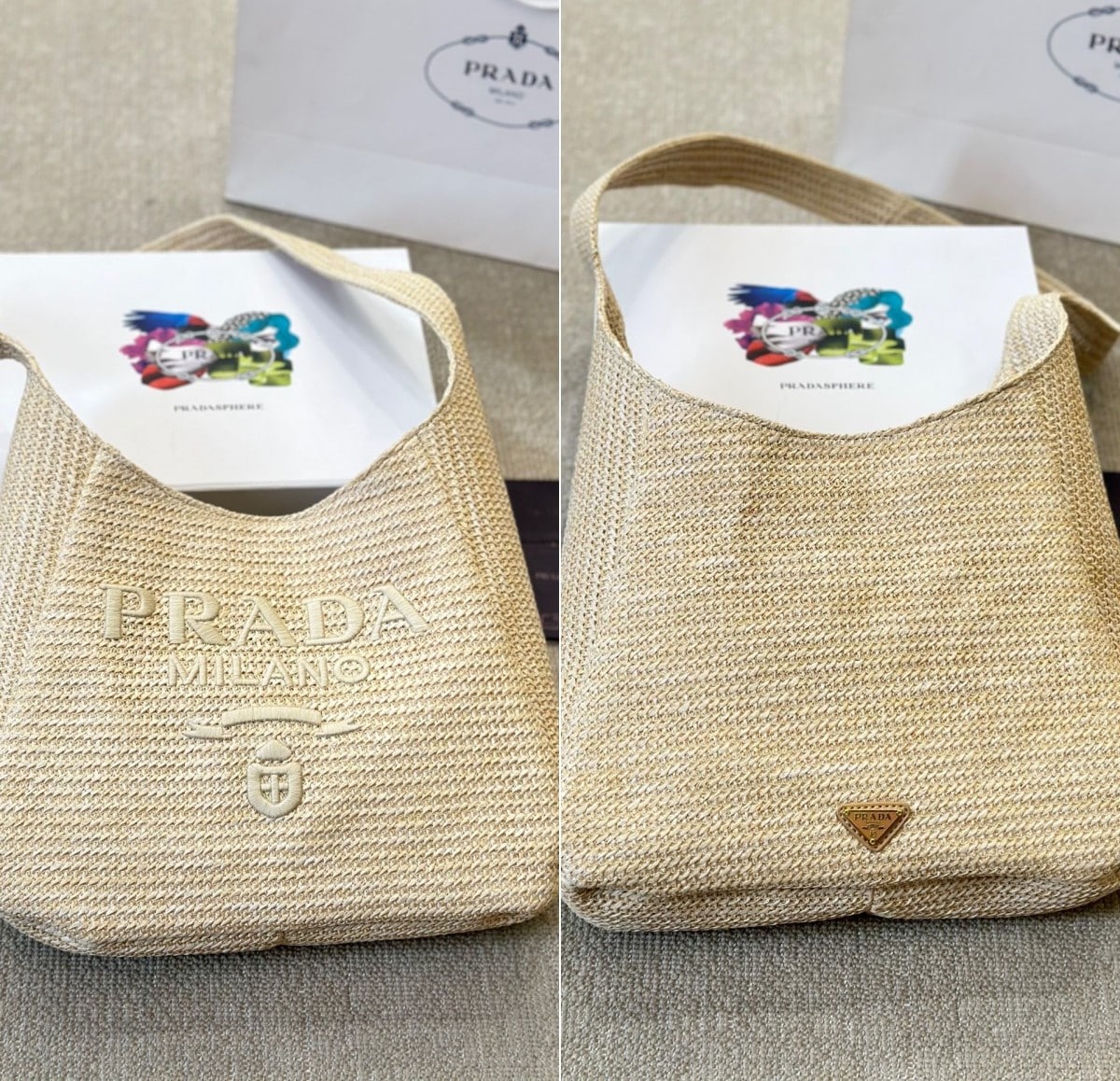 Prada Logo Embossed Raffia Shoulder Bag Beige 33Cm 1Bc186Vouo2A2T