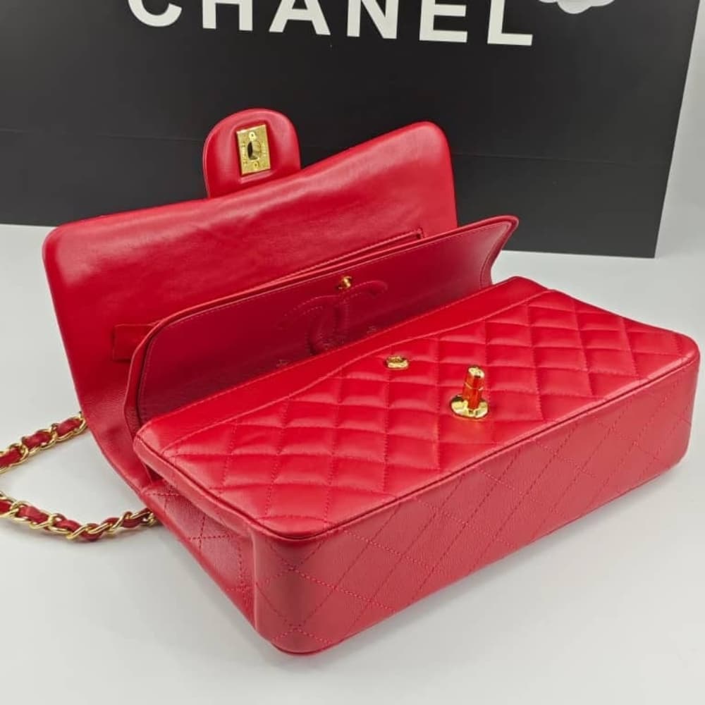 Chanel Medium Classic Double Flap Red Gold Hardware 25Cm