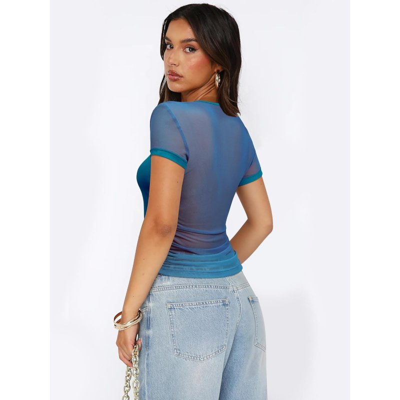 Women's Sexy Mesh Sheer Patchwork Top Crew