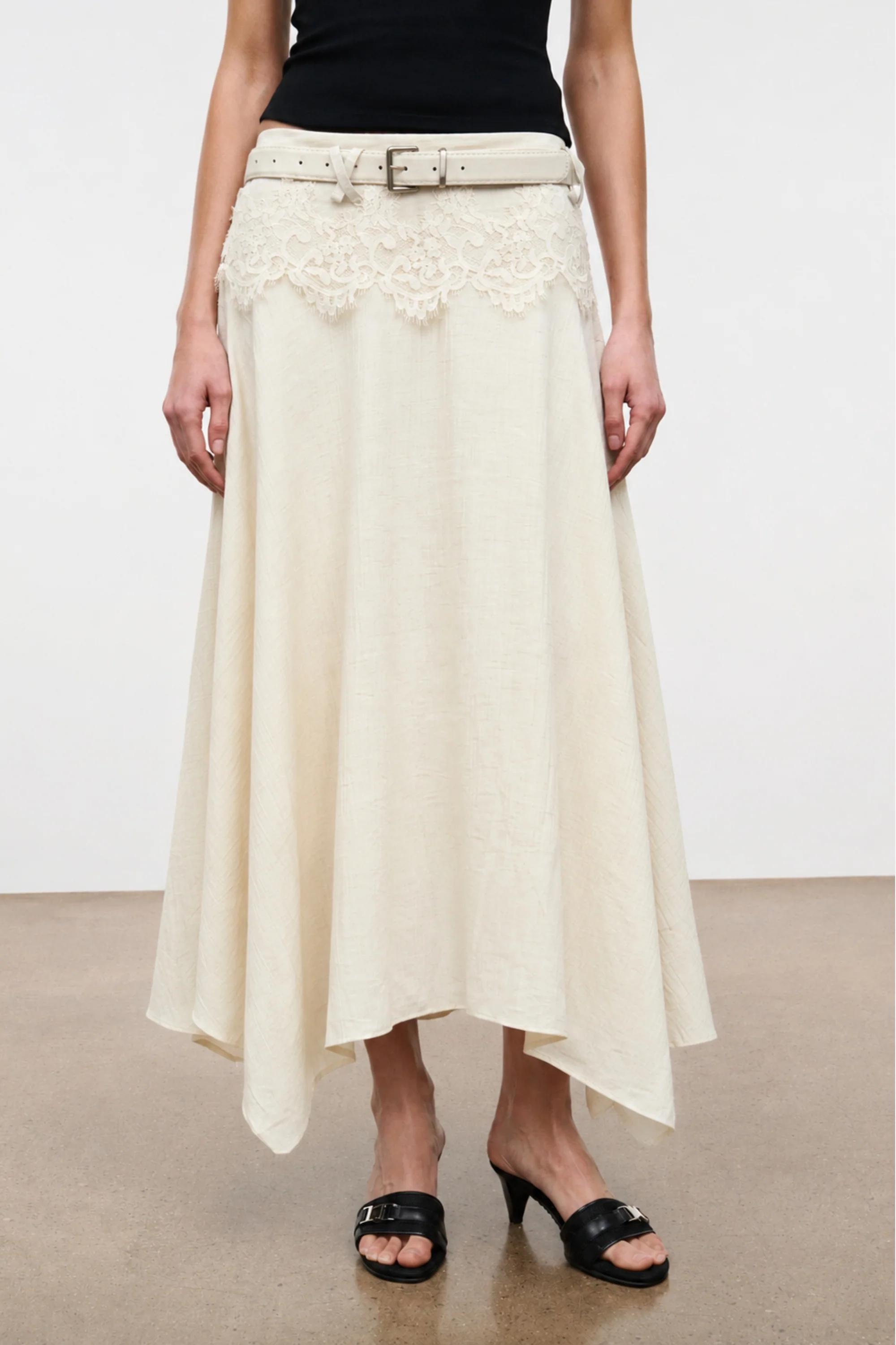 Ivory Lace Asymmetric Belted Skirt