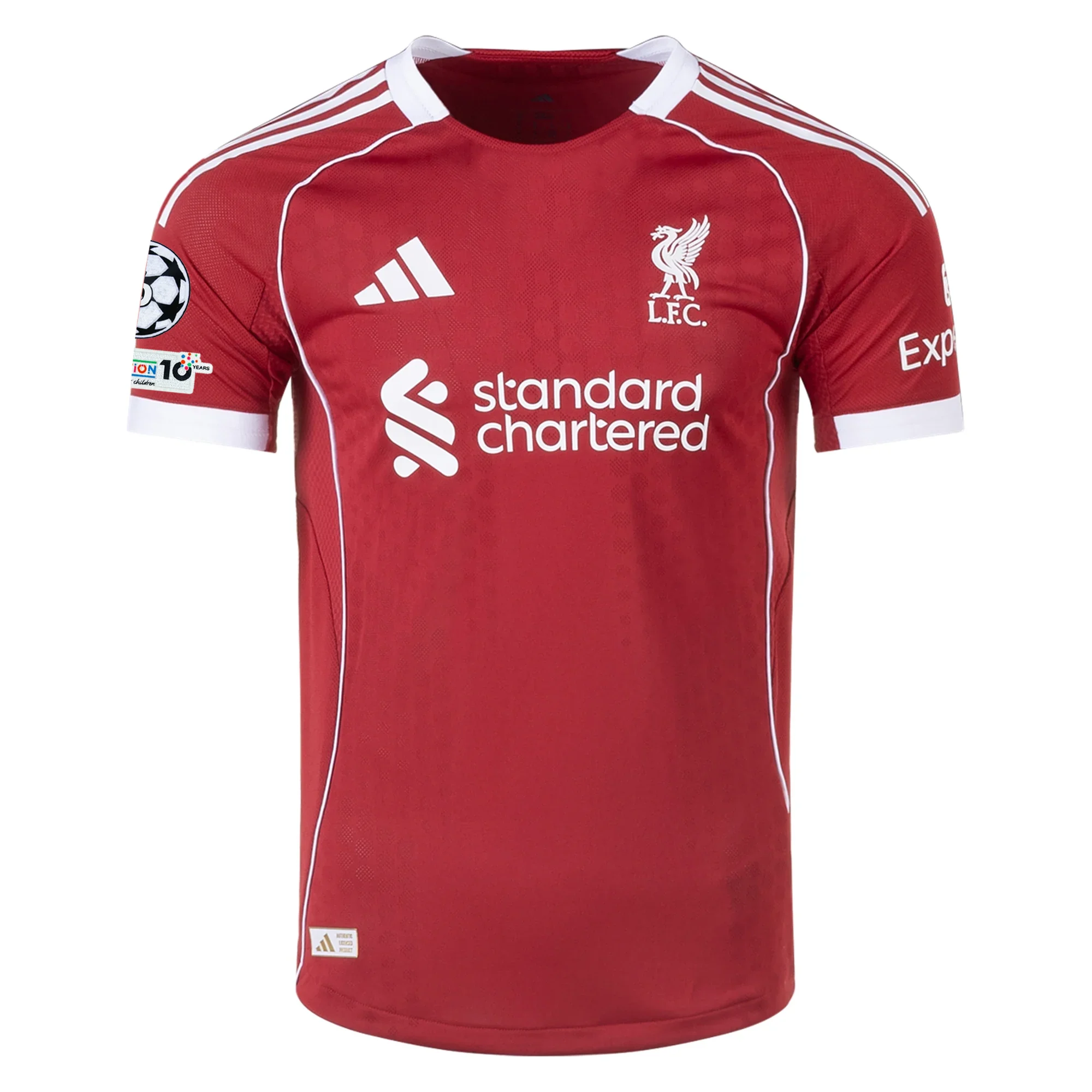adidas Men's Liverpool FC Authentic Mohamed Salah Home Jersey 25/26 w/ Champions League  Patches (Strawberry Red)