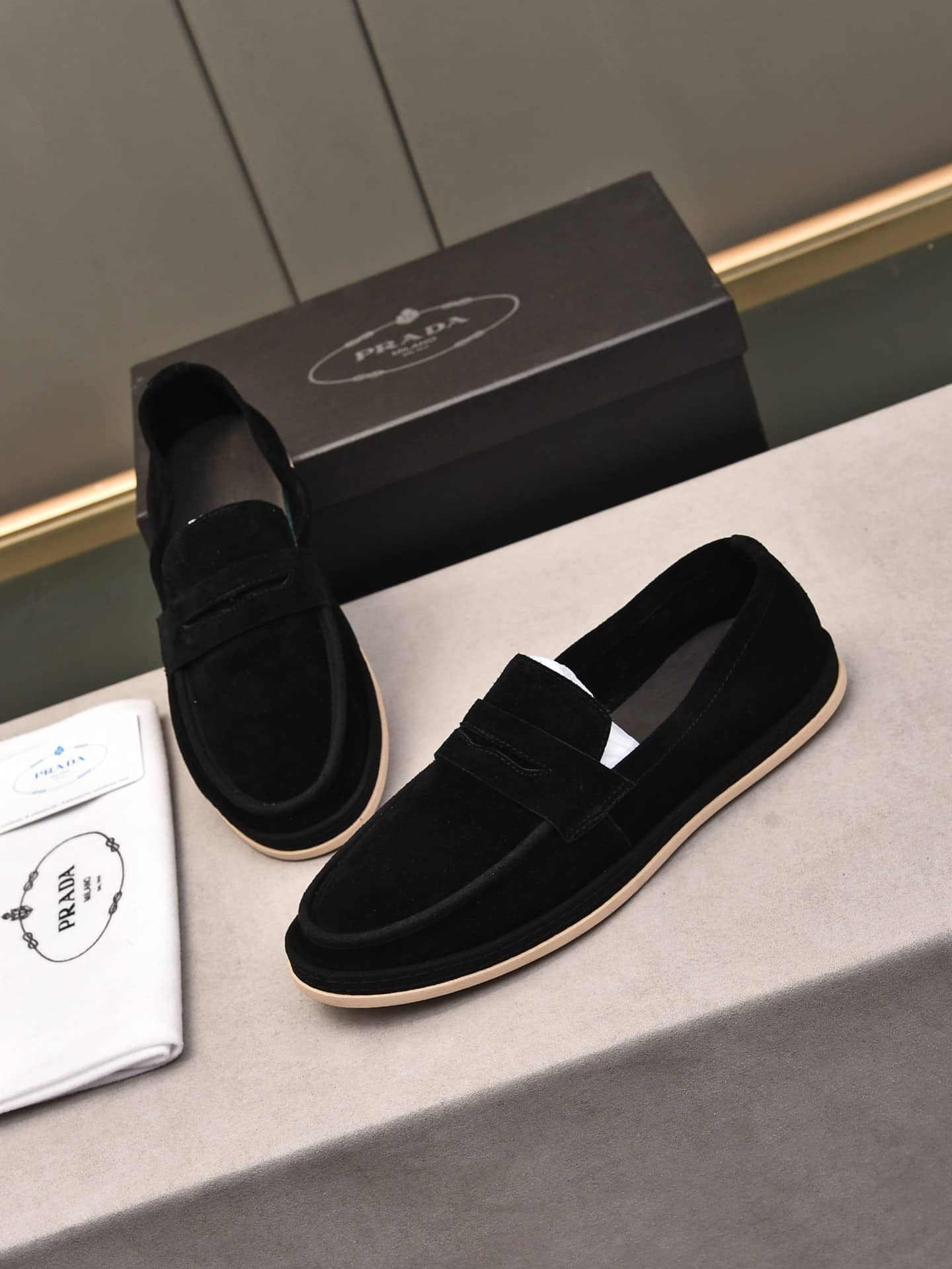Prada Men’S Flat Loafers Suede Leather Black