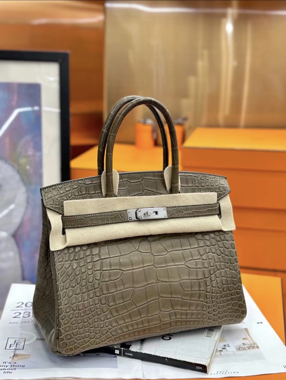 Birkin 25-35 elephant gray Silver hardware  crocodile leather custom