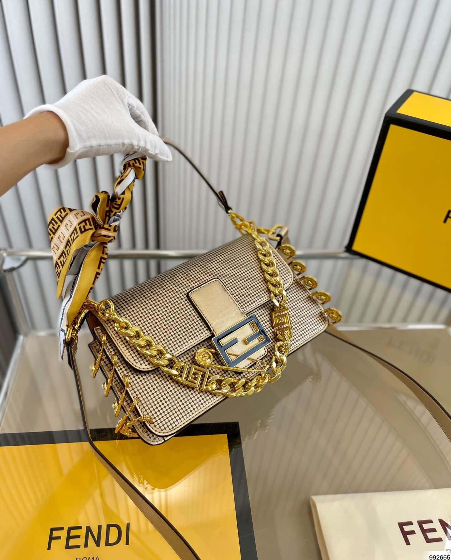 Fendi X Versace Baguette Fendace Bag In Gold Perforated Leather 25Cm