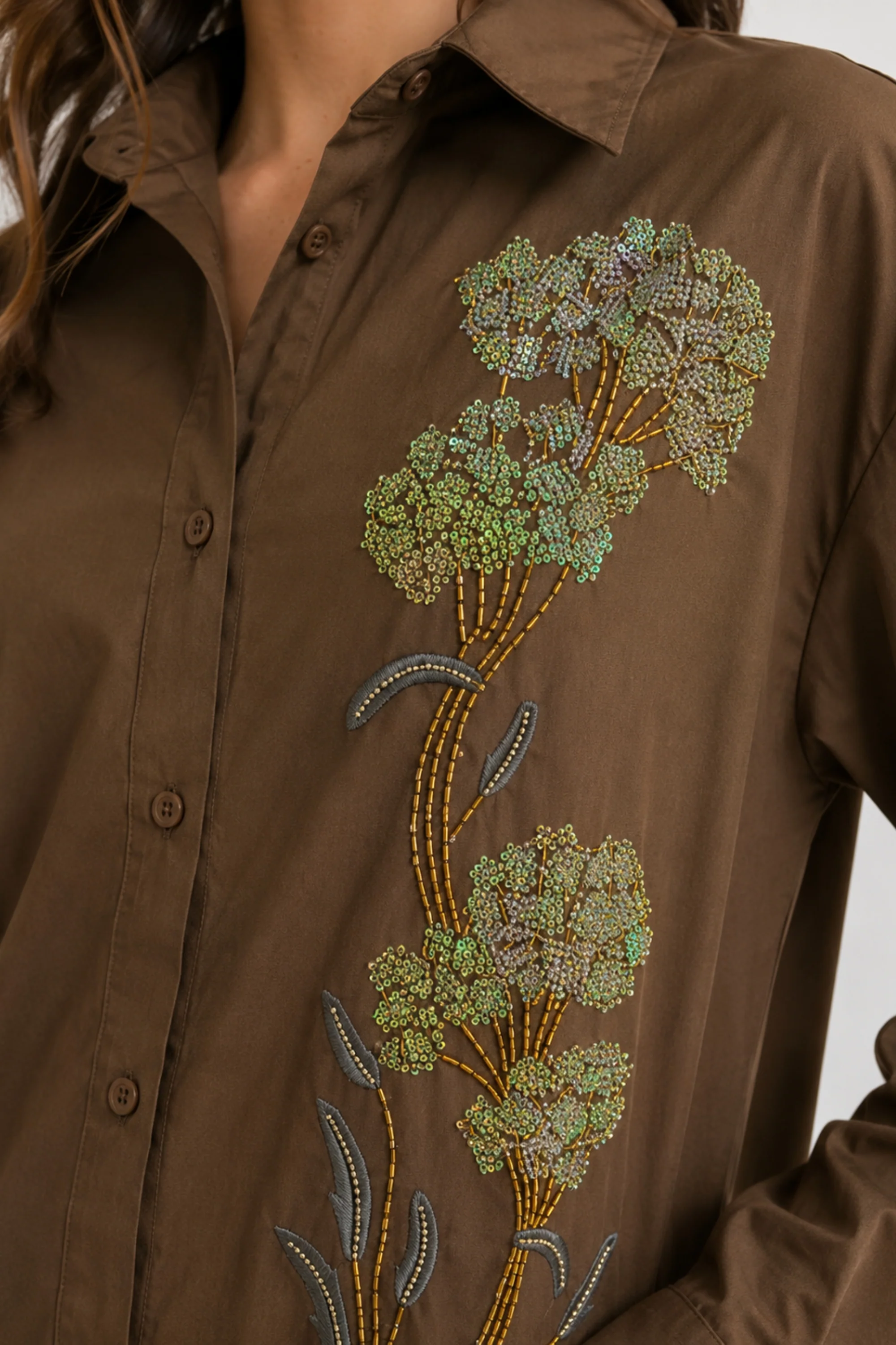 Mocha Bloom Embellished Shirt