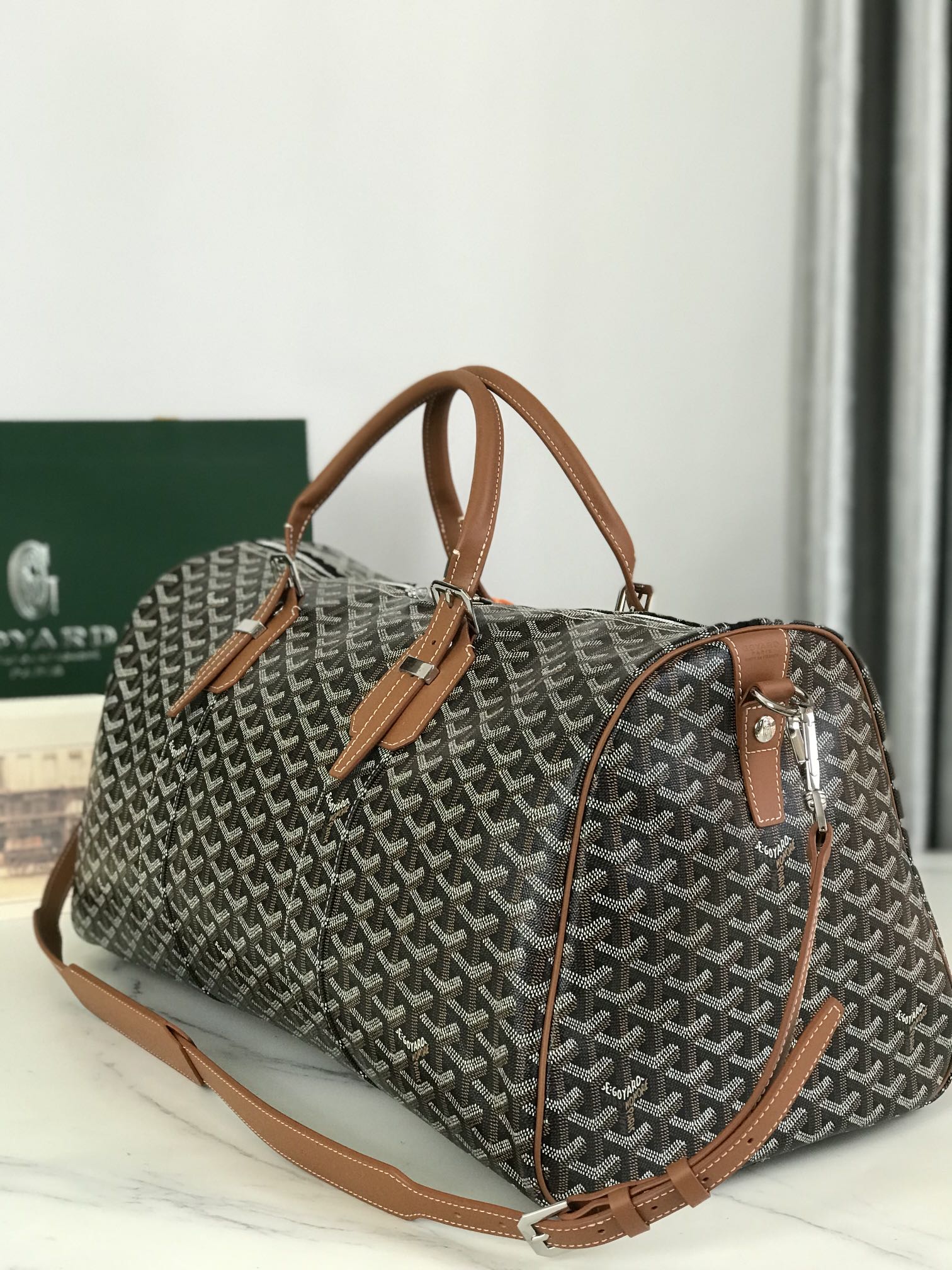 Goyard Boston 50 Bag Cm Black Goyardine Canvas And Tan Calfskin Trim