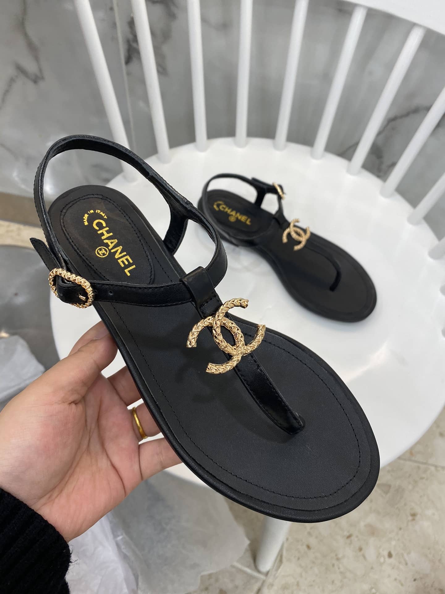 Chanel Gold Cc Logo Thong Sandals Black