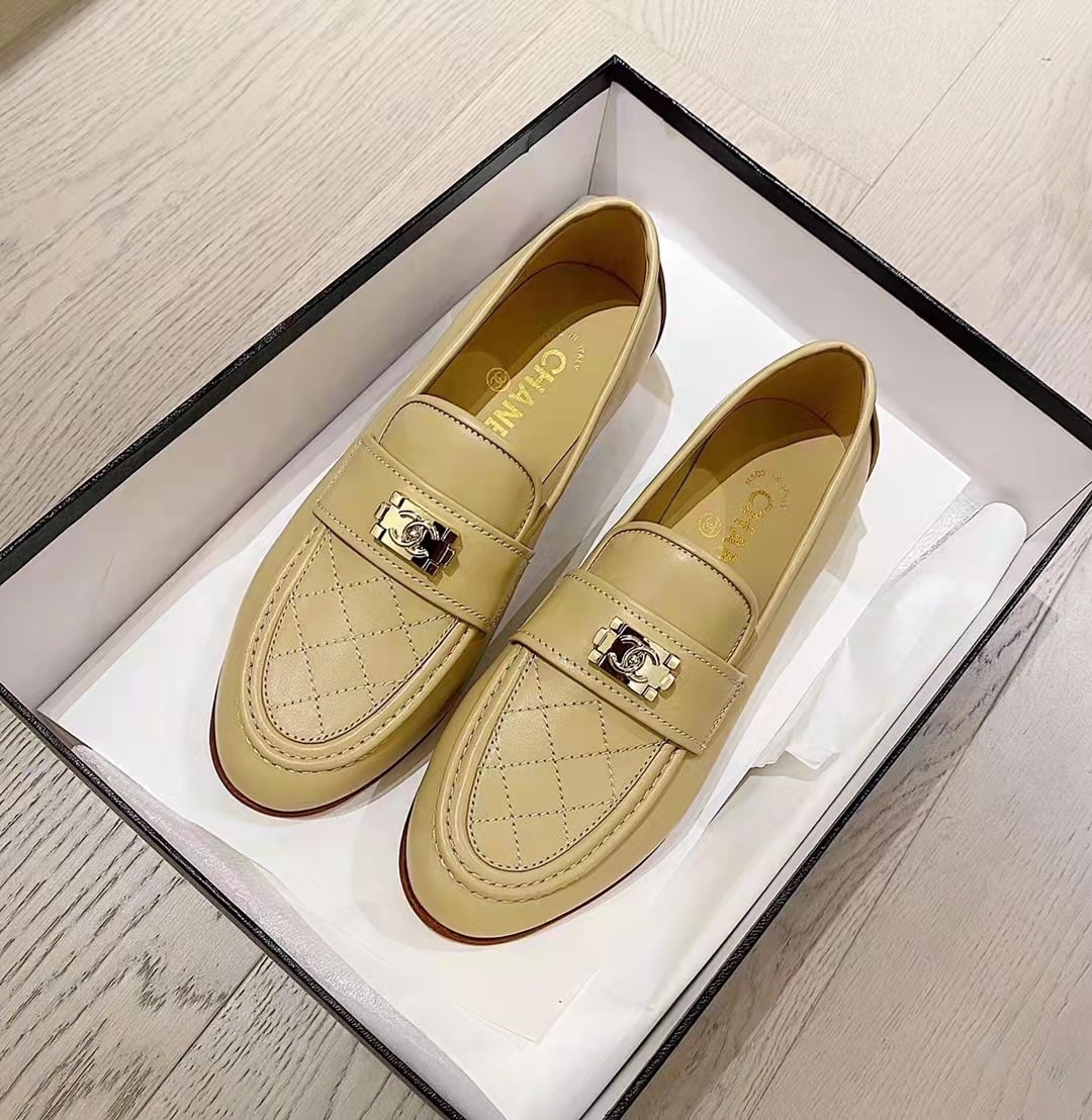 Chanel 20B Quilted Boy Lego Metal Logo Gold Mule Slip On Flat Loafers Beige