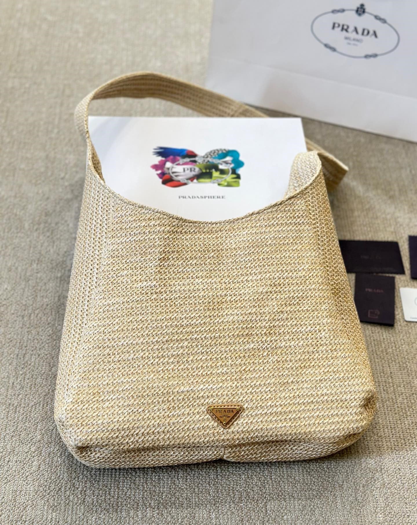 Prada Logo Embossed Raffia Shoulder Bag Beige 33Cm