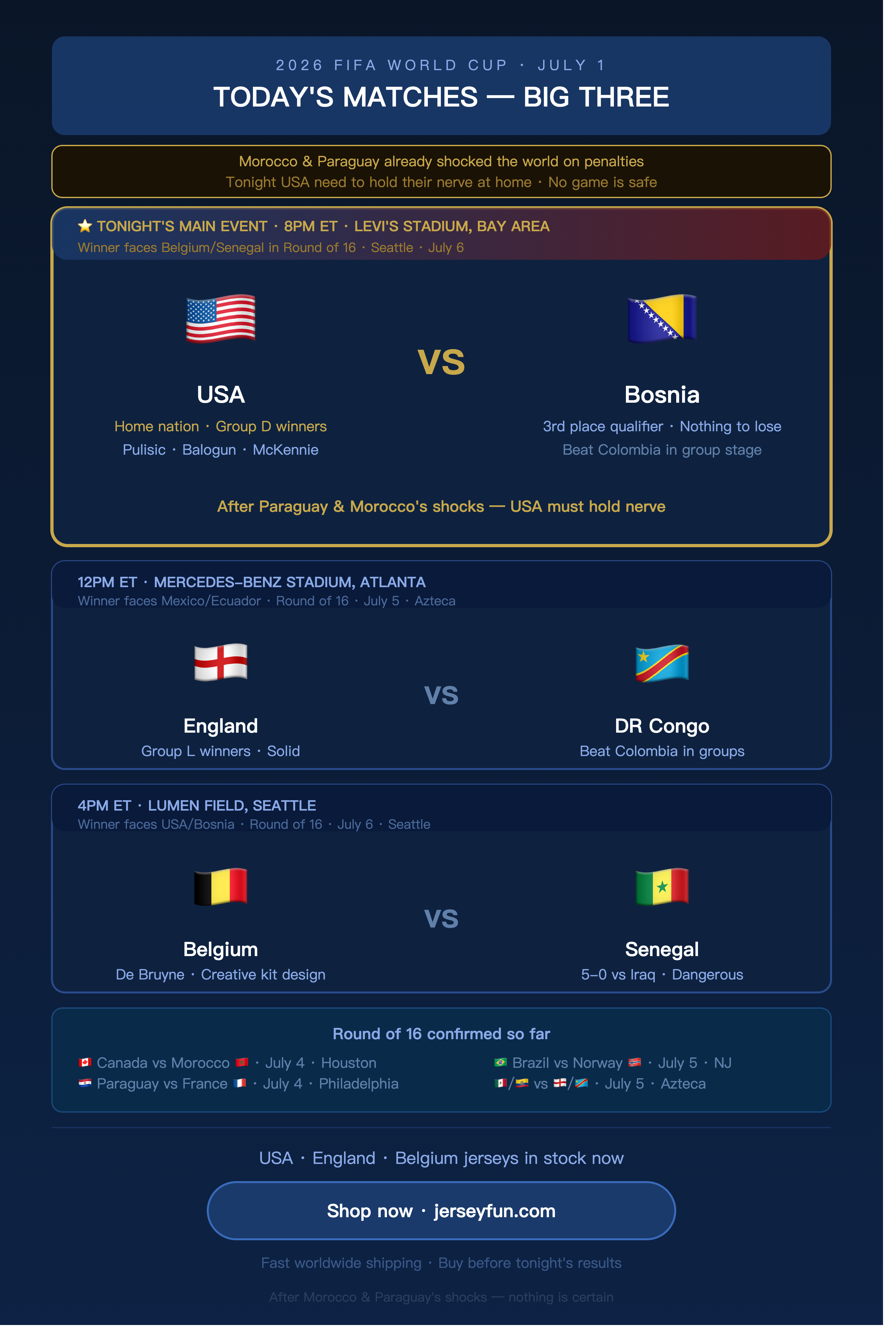 2026 FIFA WORLD CUP · JULY 1 TODAY'S MATCHES — BIG THREE