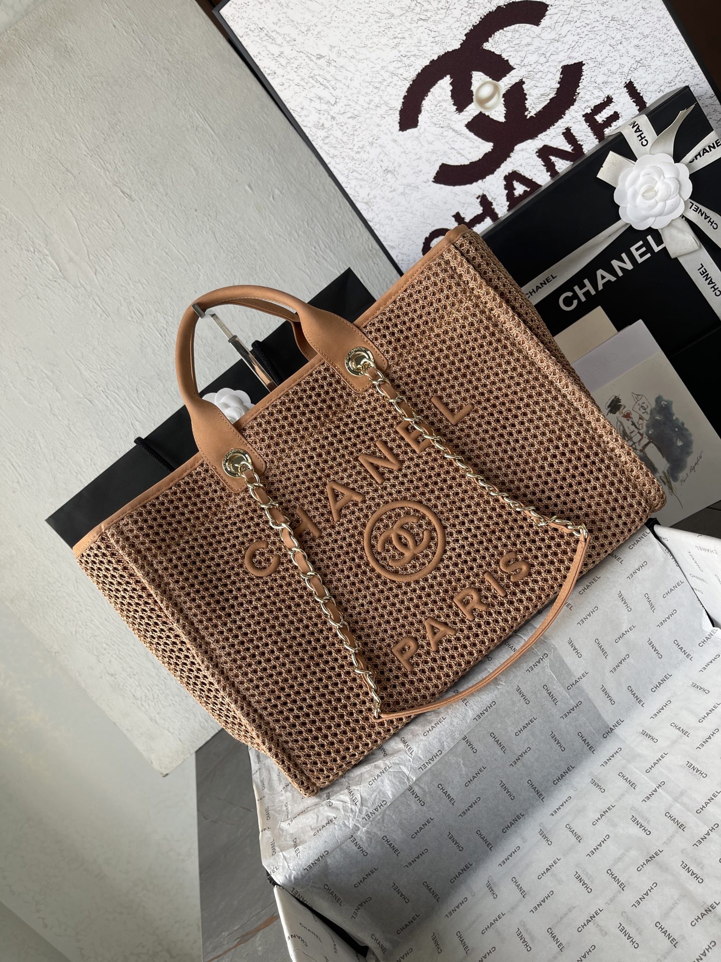 Deauville Large Openwork Knit Tote Bag in Caramel with Gold-Tone Hardware