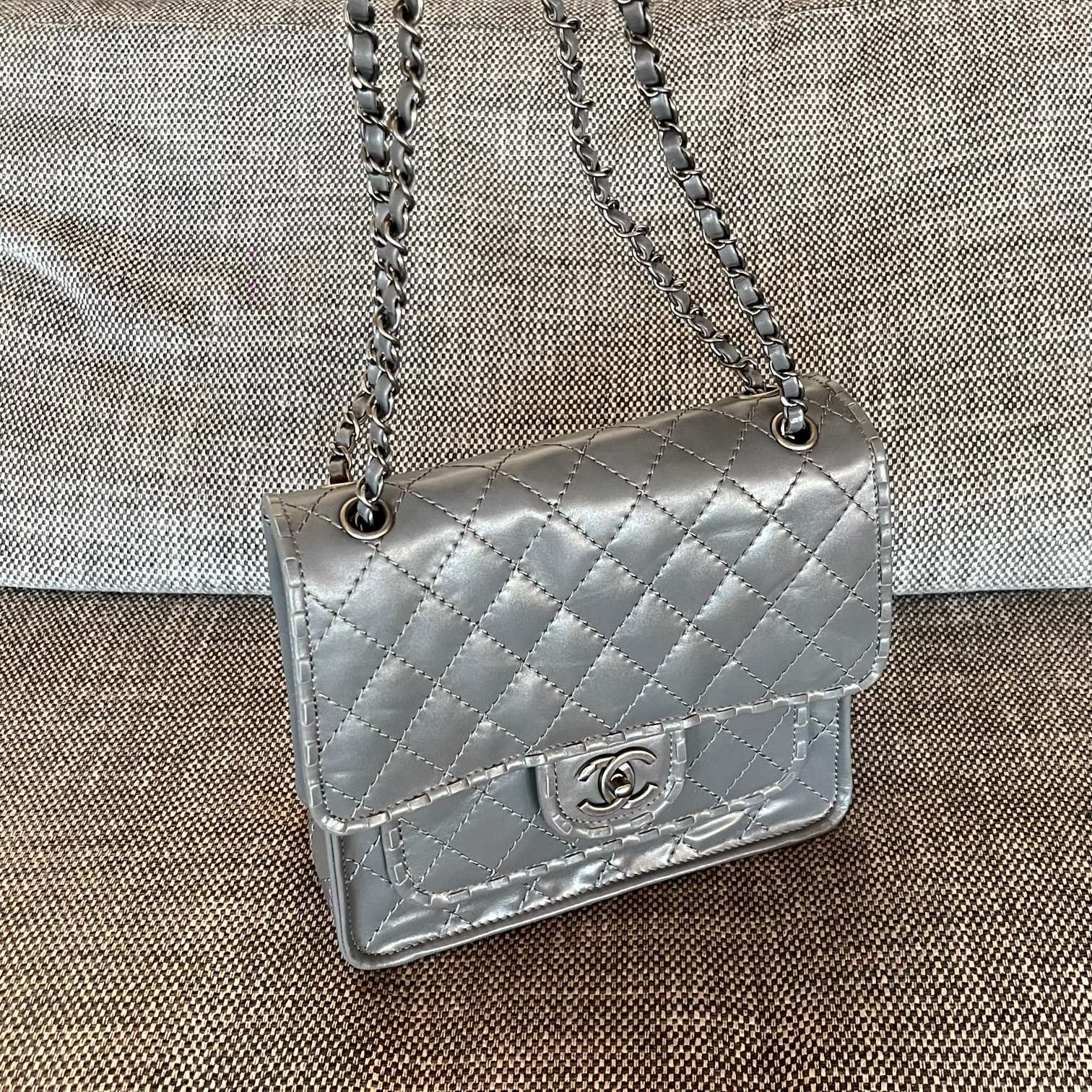 Vintage Silver Metallic Quilted Oil-Waxed Calfskin Flap Handbag with Aged Silver-Tone Hardware