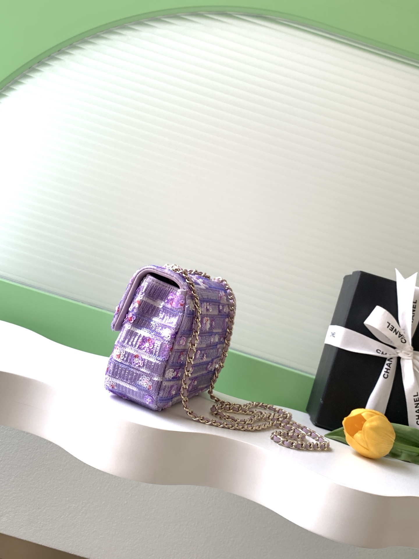 26C Classic Flap Mini Bag in Purple Sequin & Floral Embroidered Tweed with Light Gold-Tone Hardware