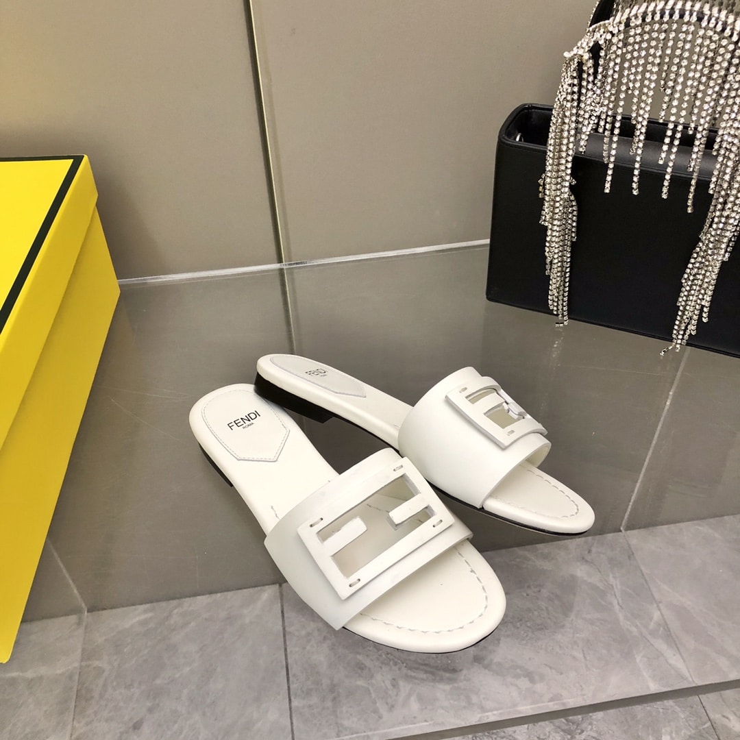 Fendi Baguette White Leather Slides
