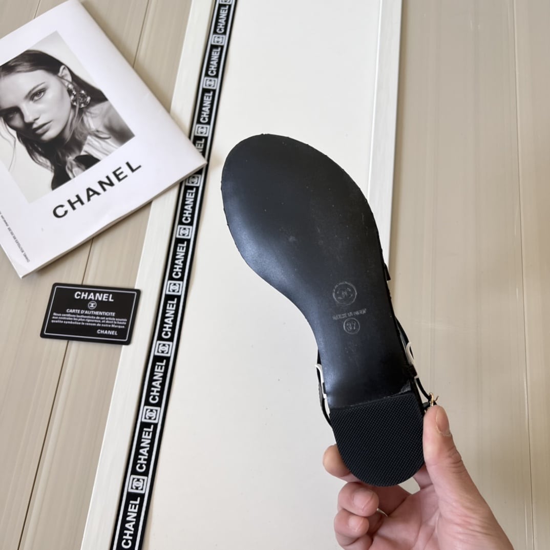 Chanel Black Quilted Leather With White Camellia Cc Logo Sandals G45258 X01000 94305
