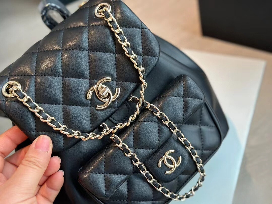 Chanel Duma Matelasse Leather Chain Backpack Black 20Cm/7.8in