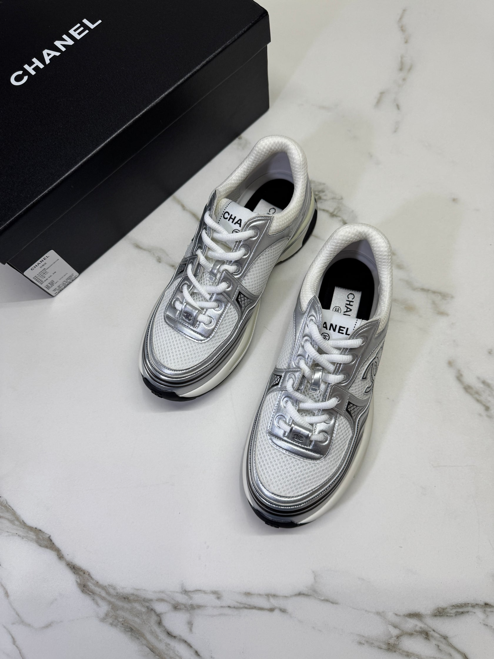 Chanel CC Logo Metallic Mesh Sneakers White/Silver