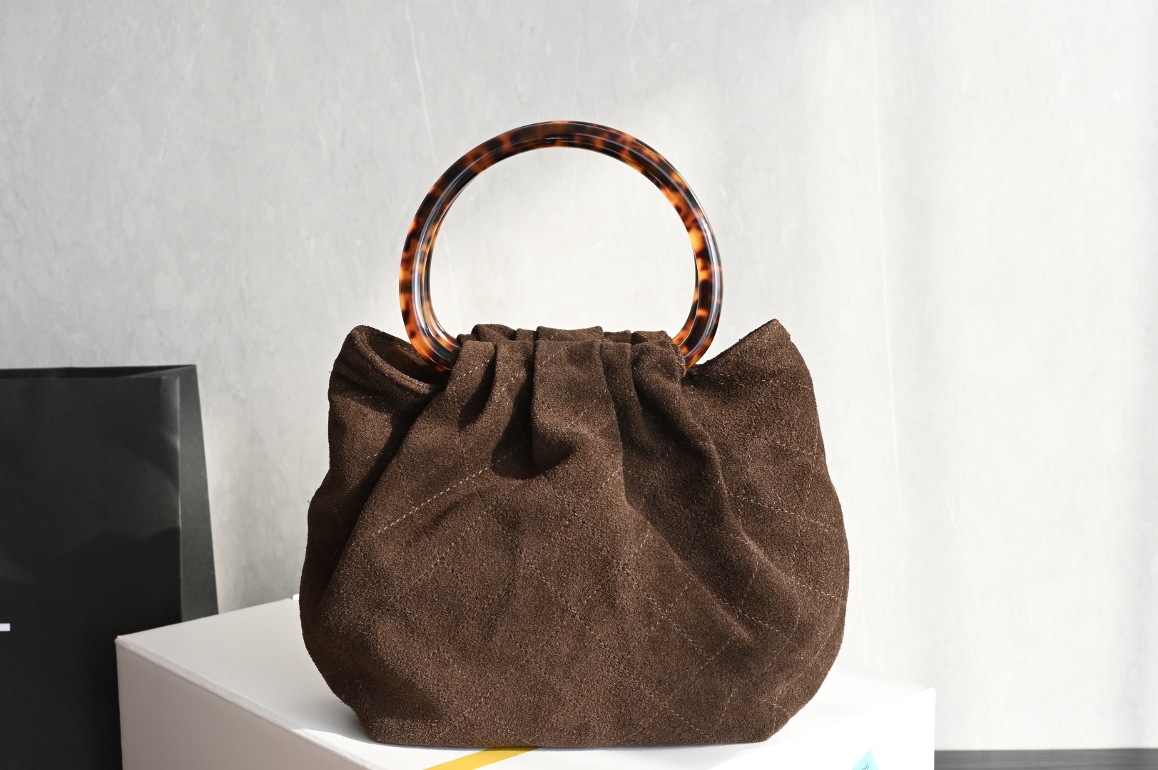 Small Hobo Bag in Dark Brown Suede Calfskin with Tortoiseshell Effect Plexi Handle & Gold-Tone Hardware (26C Cruise Collection)