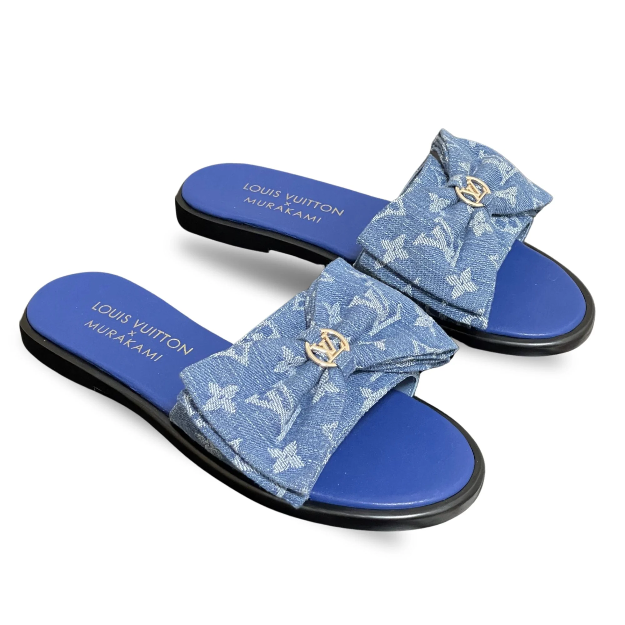 Louis Vuitton x Takashi Murakami Lily Flat Mule Bow Slide Sandals Blue Canvas 1AGVYA