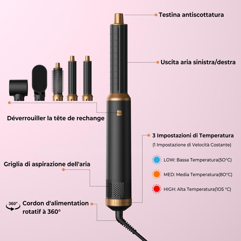 Atopskins Airstyler 5 in 1, asciugacapelli con ioni negativi, styler magico, spazzole termiche Foehn, spazzola dritta, barra riccia, set di spazzole ad aria calda
