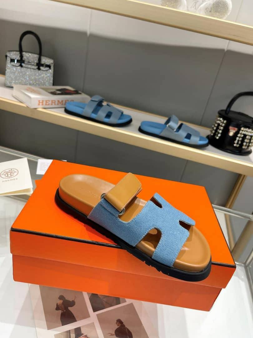 Hermes Chypre Flat Sandals Denim Brown