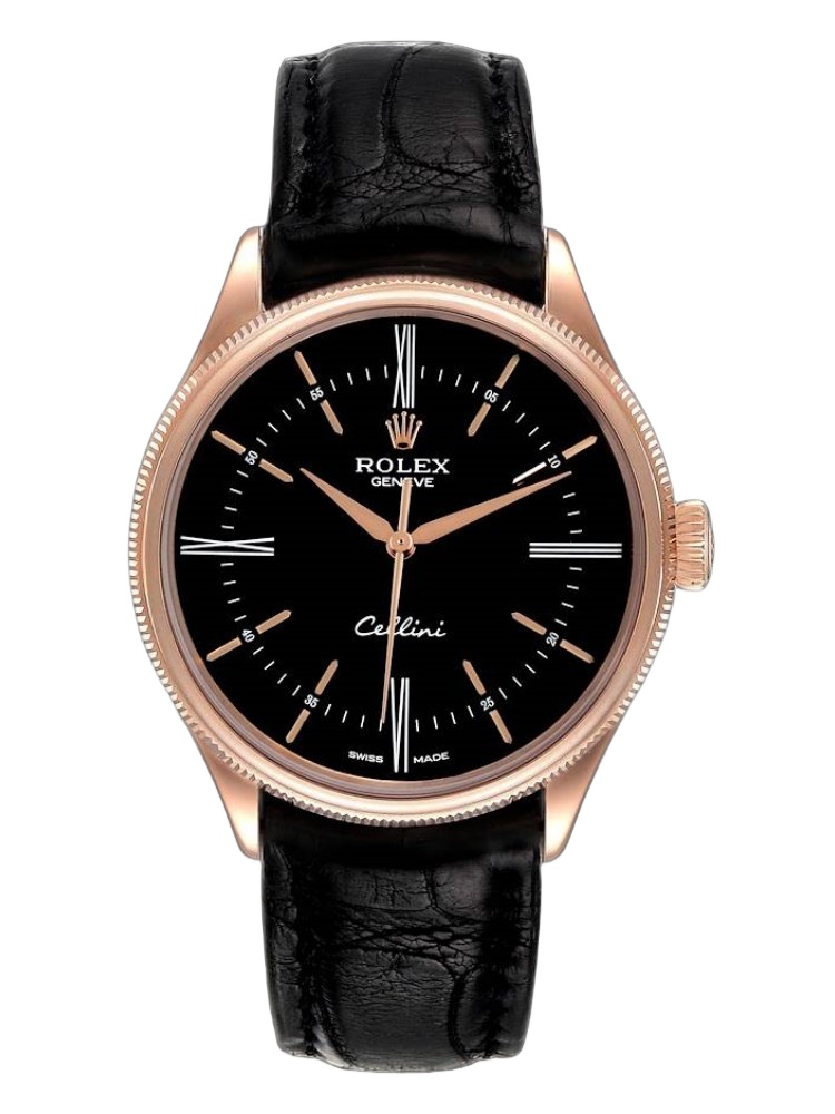 【Super Clone】Rolex Cellini Time 50505 Black Leather Strap Black Dial 39mm Mens Replica Watch