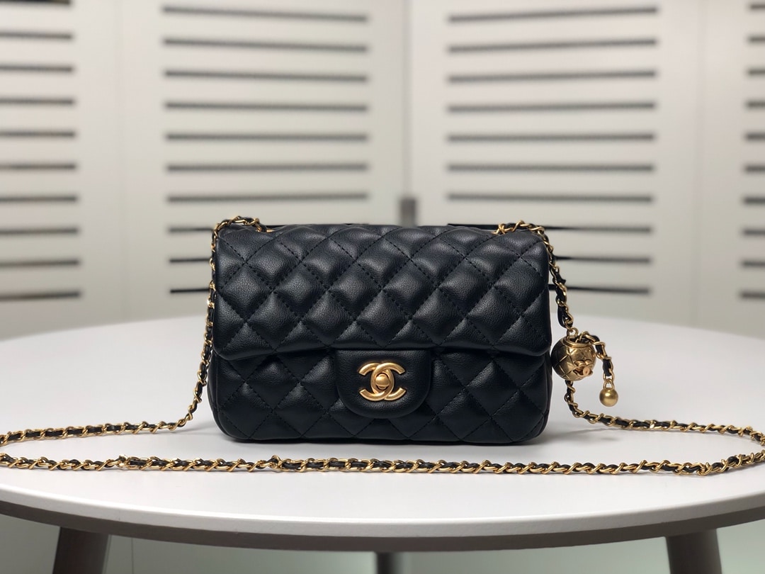 Chanel Flap Bag Mini Cc Rectangular Pearl Crush Gold Black 20Cm As1787 B18602 94305