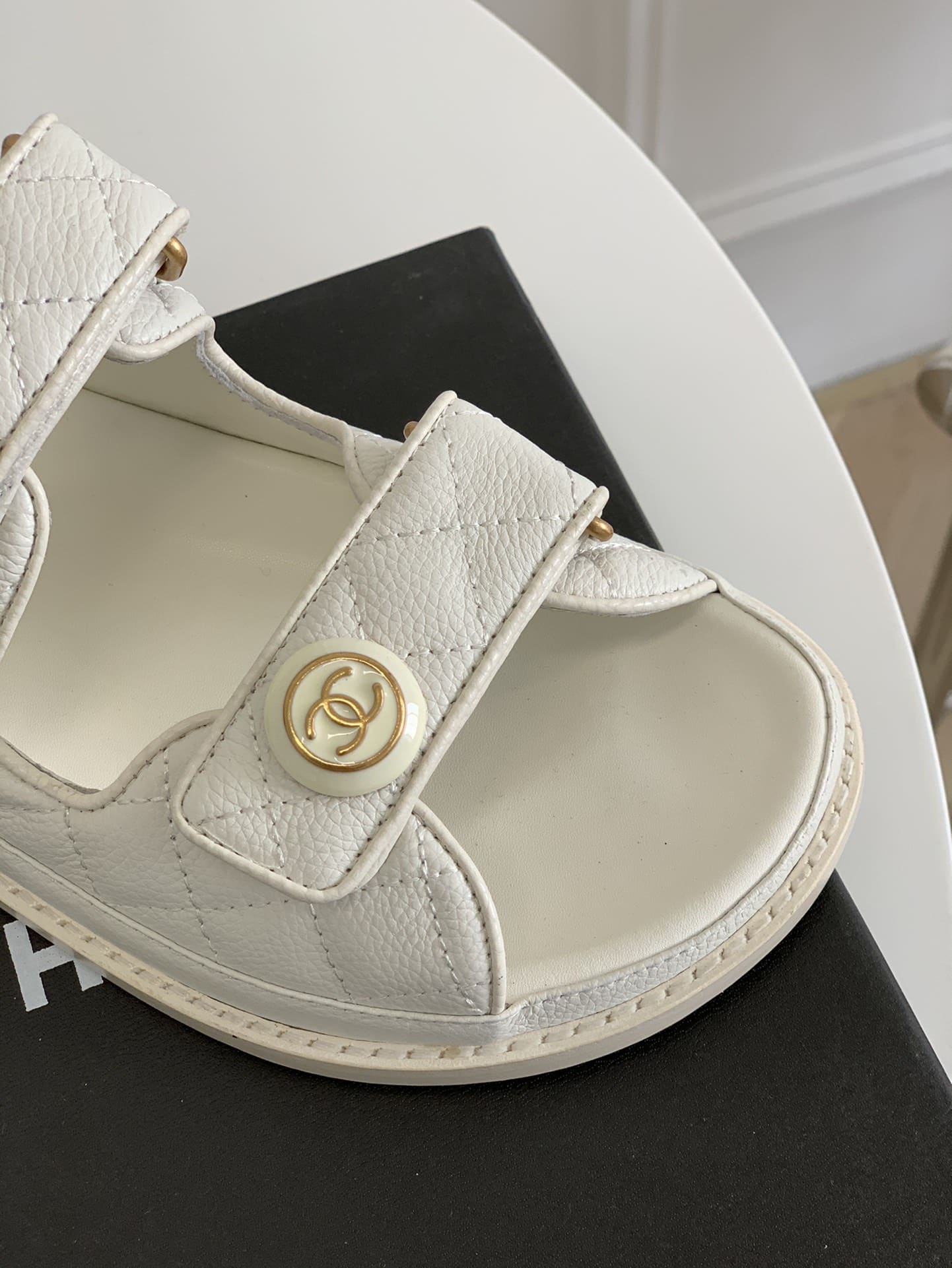 Chanel Cc Button Velcro White Sandals Grained Calfskin Leather