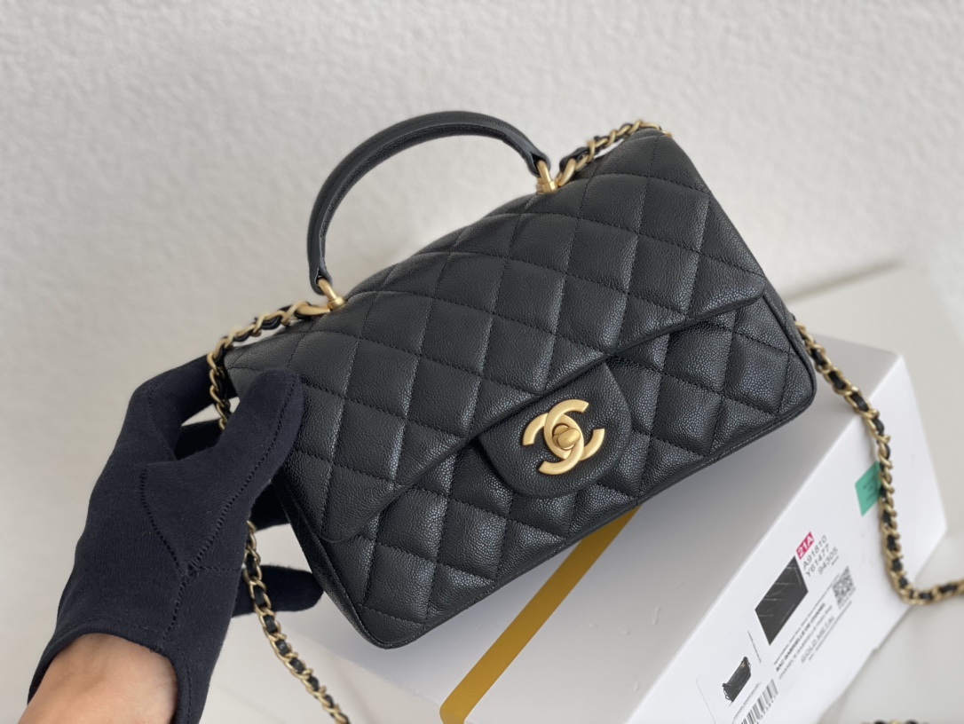 Classic Flap Mini Bag with Top Handle in Black Quilted Grained Calfskin (Caviar) with Gold-Tone Hardware