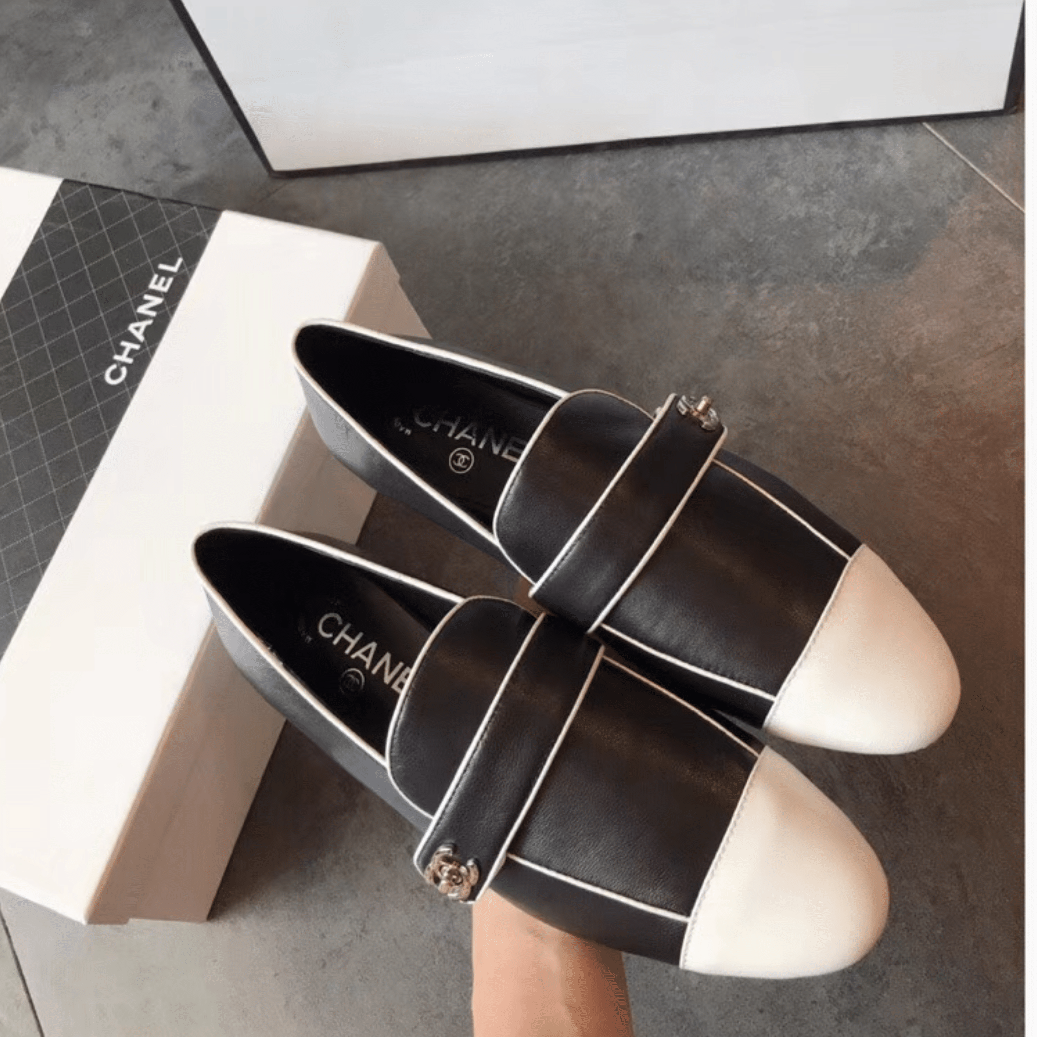Chanel Leather Cc Cap Toe Slip On Loafers Black