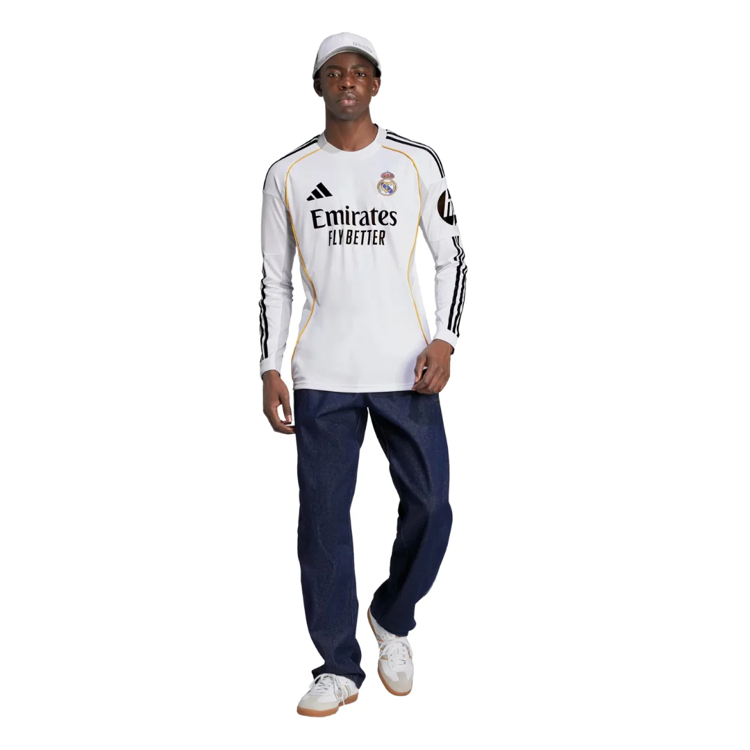 adidas Real Madrid Mbappe Long Sleeve Home Jersey w/ Intercontinental + Champions League Patches 25/26 (White)