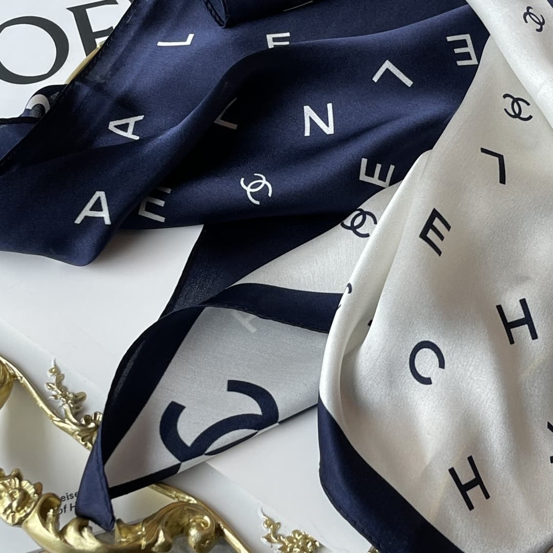 Chanel Multi Letters Square Silk Scarf White Blue