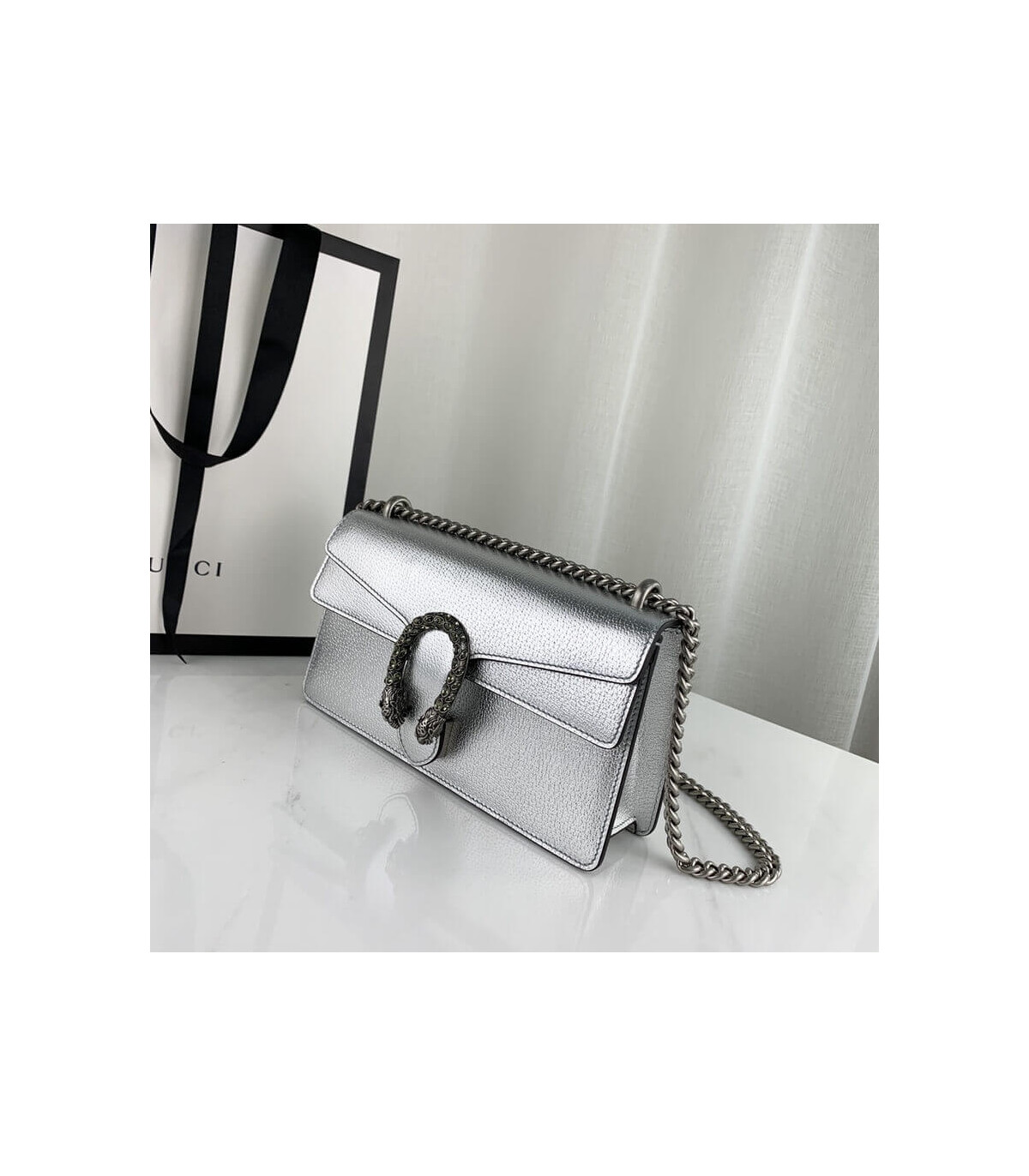 Gucci Dionysus Small Shoulder Bag in Silver Lame Leather