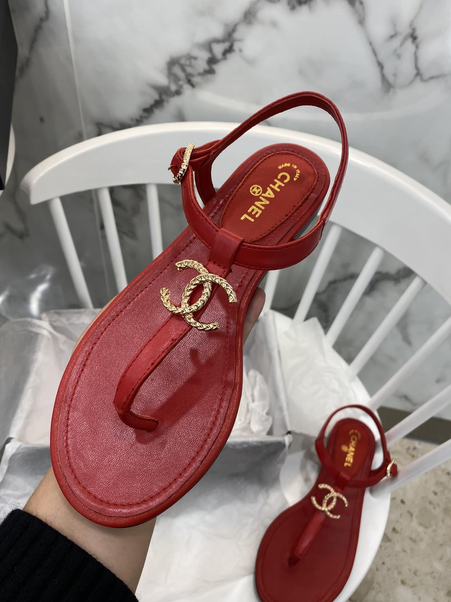 Chanel Gold Cc Logo Thong Sandals Wine Red