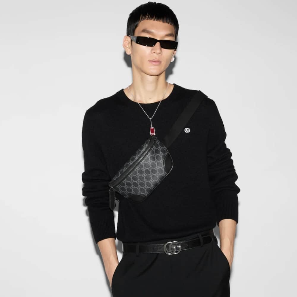 Gucci GG Emblem Small Belt Bag Black Fabric 23Cm ‎821165 FAED9 1000