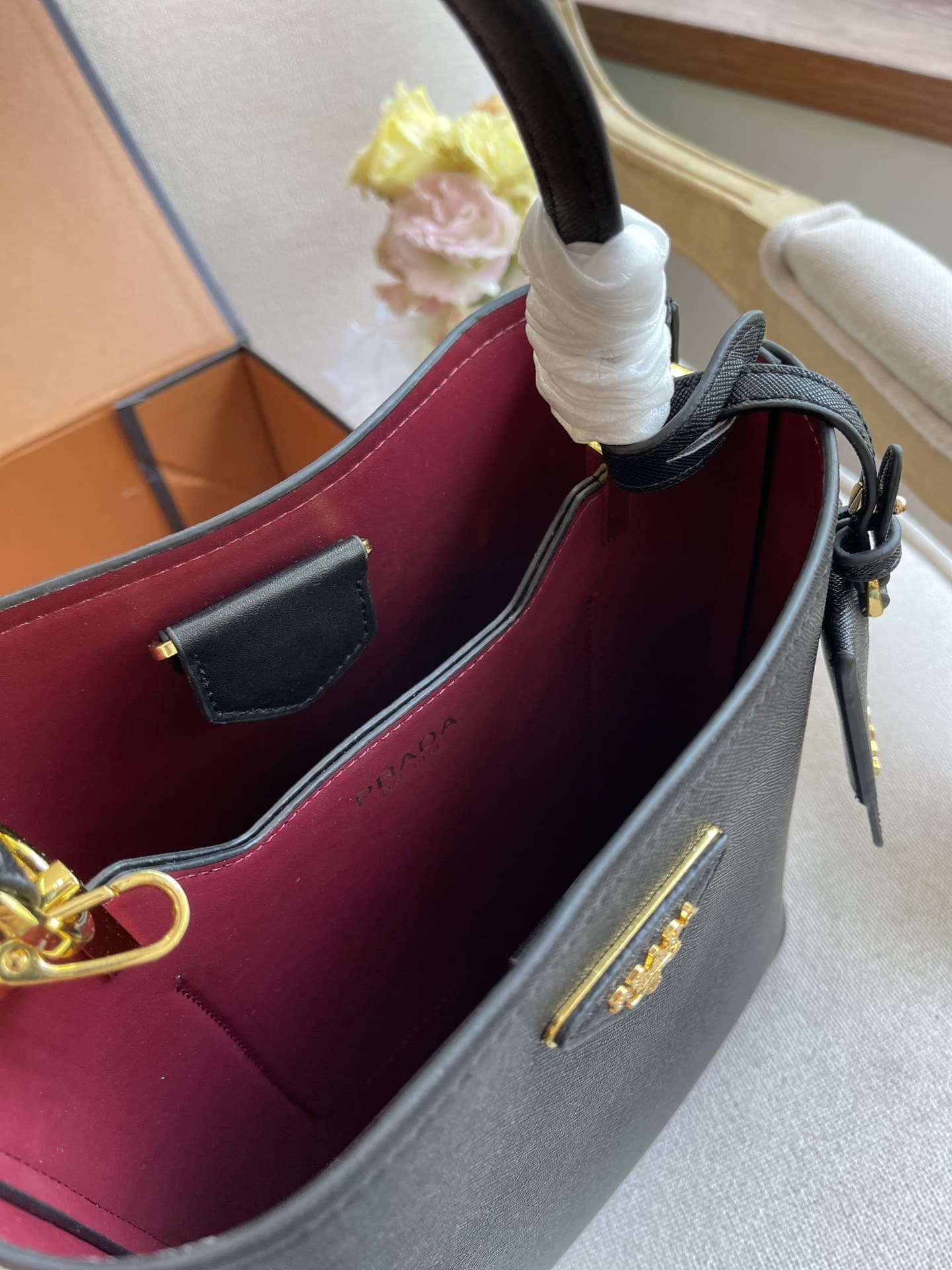 Prada Medium Saffiano Leather Panier Bag Black