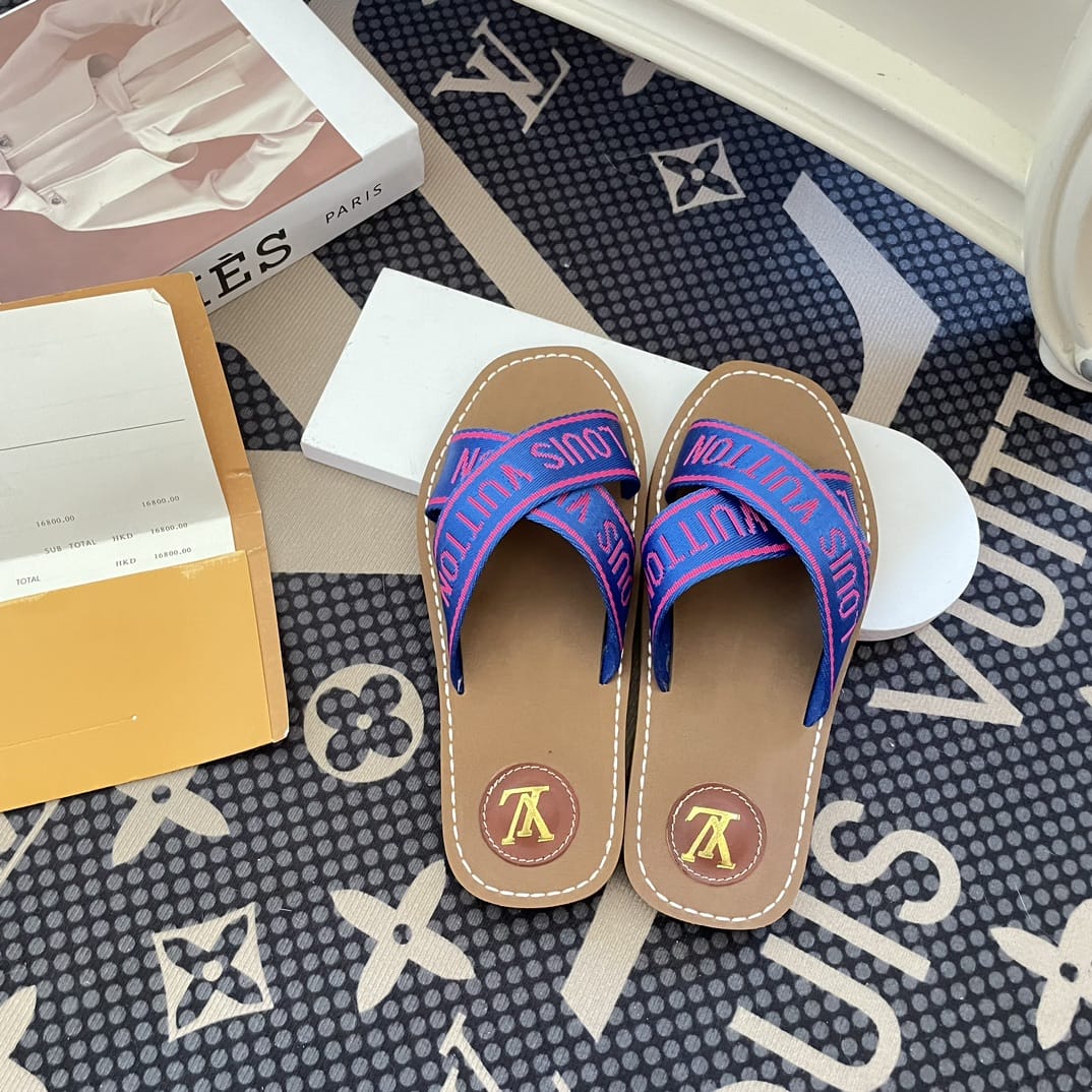 Louis Vuitton Cross Strap Flat Slides Blue