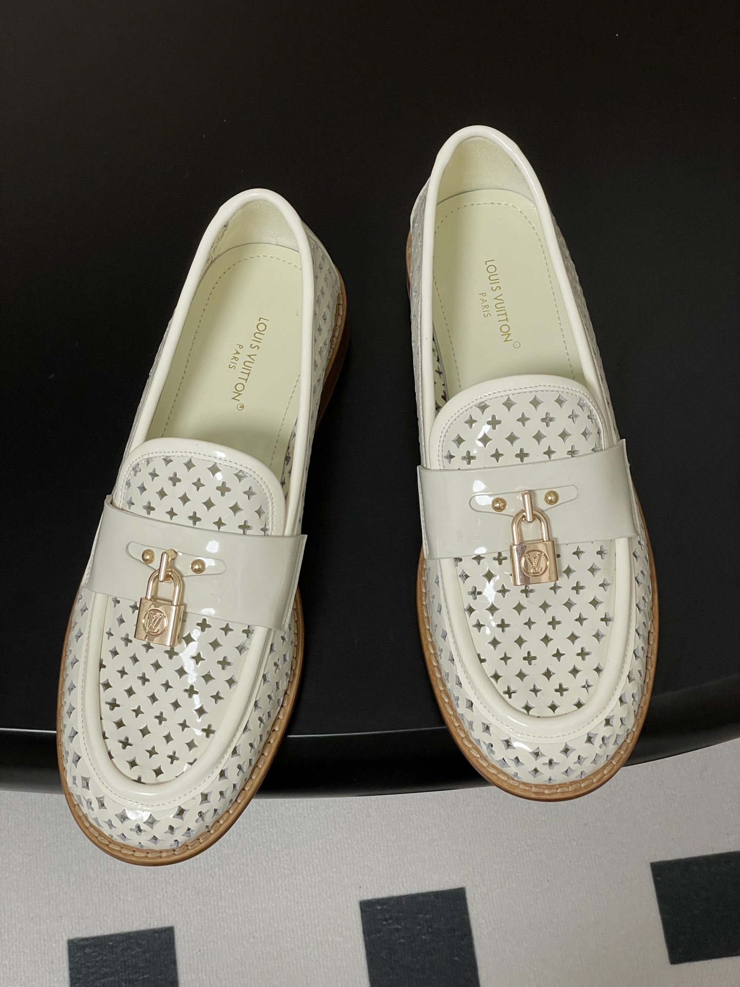 Louis Vuitton Chess Flat Loafer White Monogram Embroidered with Gold Padlock 1AGXRV
