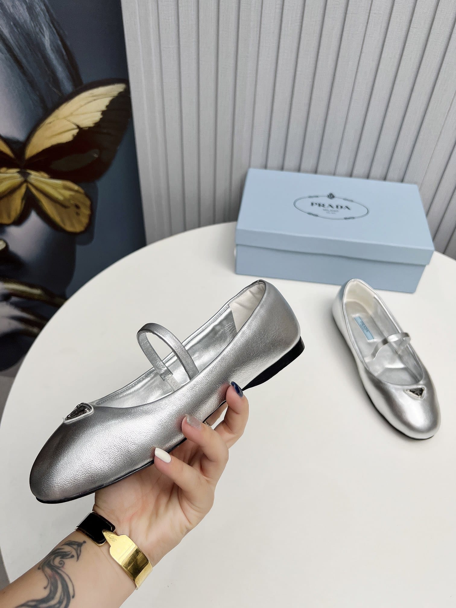 Prada Soft Padded Nappa Leather Ballerinas Silver