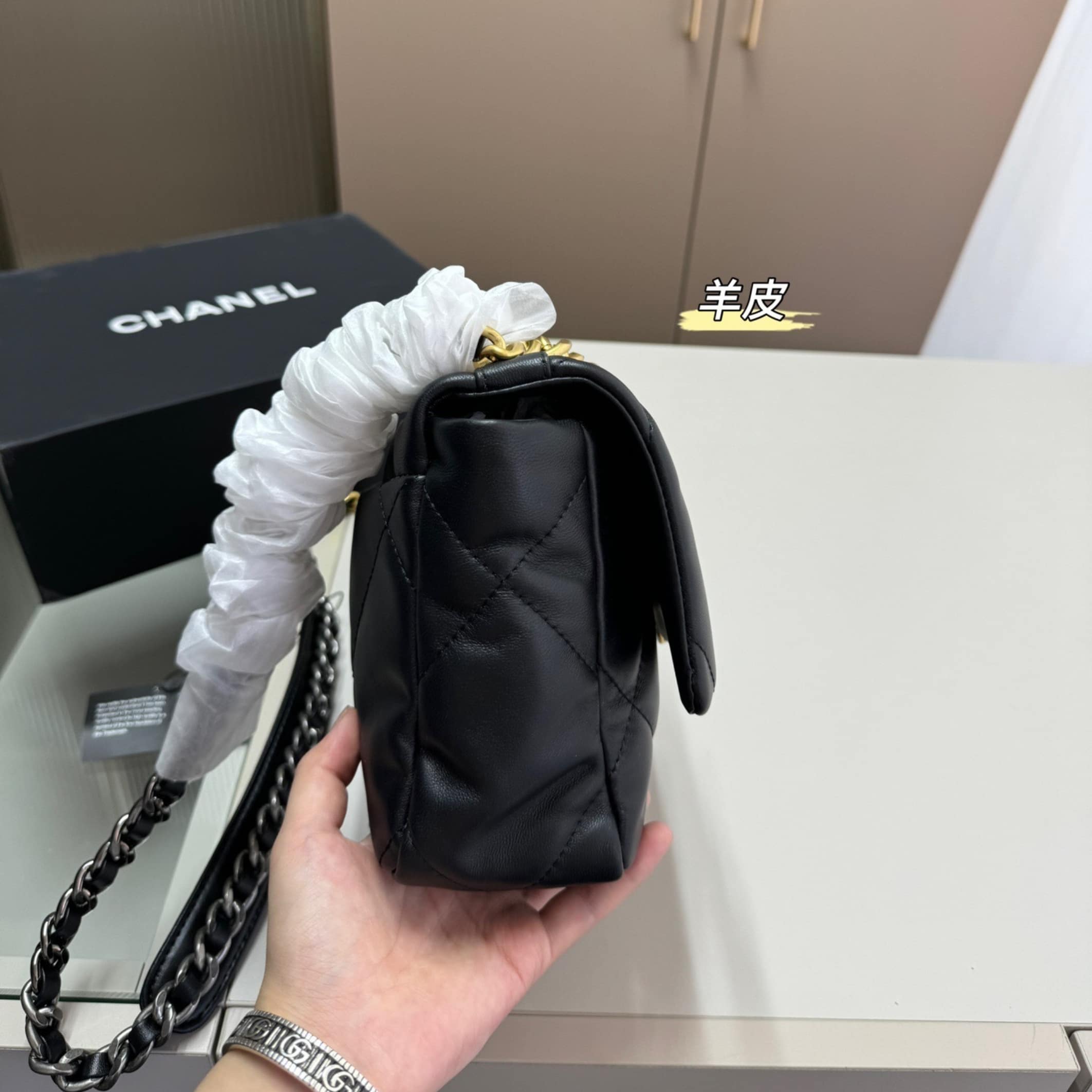 Chanel 19 Handbag Shiny Gold And Silver Tone Black 26Cm AS1160 B04852 94305