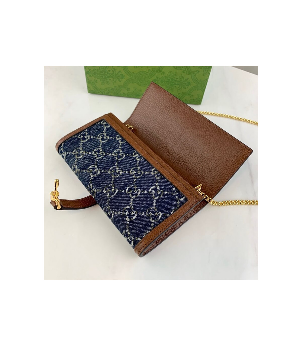 Gucci Jackie 1961 Chain Wallet in Blue Denim 19cm