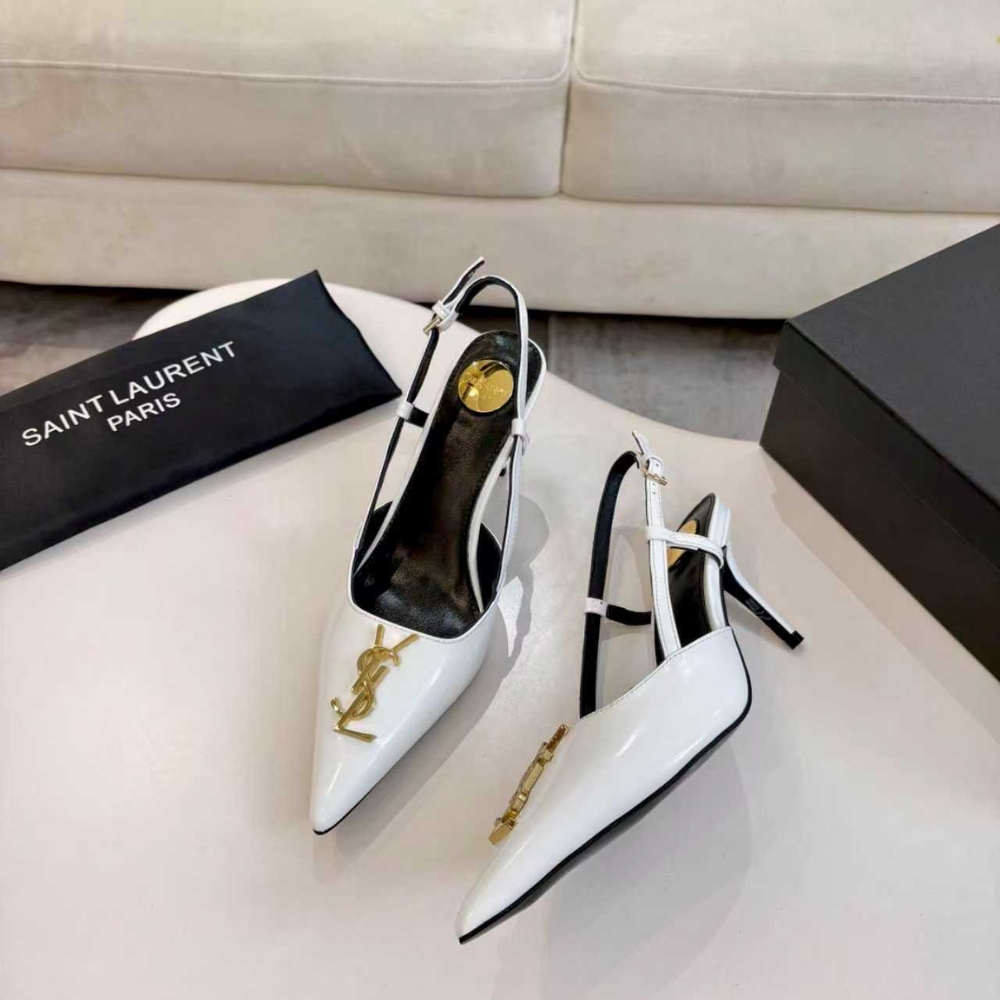 Saint Laurent Pointed Toe Slingback Pumps With Gold Tone Metal White